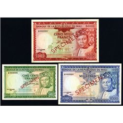 Banque De La Republique Du Mali 1960 Specimen Banknote Trio.