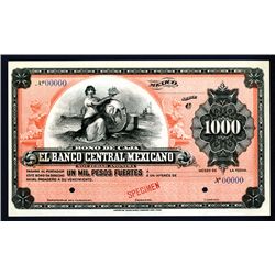 Bono De Caja, El Banco Central Mexicano, 1900 Specimen Banknote.