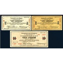 Commonwealth of the Philippines - January 13, 1942 Couponized Check Issue Trio.