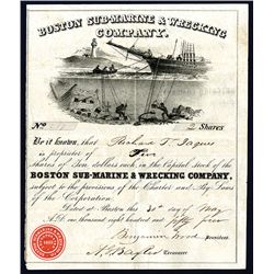 Boston Sub-Marine & Wrecking Company, 1854 Issued Stock Certificate with Under Sea Divers.