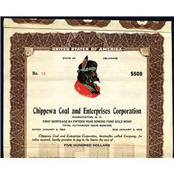 Chippewa Coal and Enterprises Corp. 1924 Bond with Multi-Color Native American Portrait.