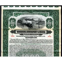 Vicksburg, Shreveport & Pacific Railway Co., 1923, $1000 Specimen Bond.