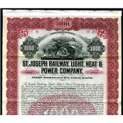 St. Joseph Railway, Light, Heat & Power Co., 1902, $1000 Specimen Bond.