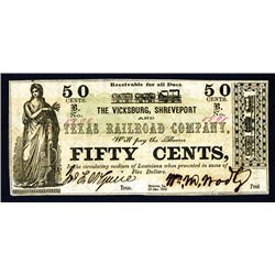 Vicksburg, Shreveport and Texas Railroad Co., 1862 Issued Banknote.