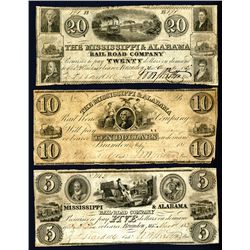 Mississippi & Alabama Rail Road Company, 1837-38 Obsolete Banknote Trio.