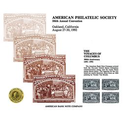 APS 1992, Oakland, CA, Souvenir Card with Columbus Soliciting Aid from Isabella With Costa Rica Proo