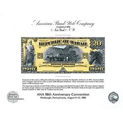 ABNC Pittsburgh, PA, ANA 1989 Souvenir Card of Kingdom of Hawaii With 1896 $20 Gold Certificate of D