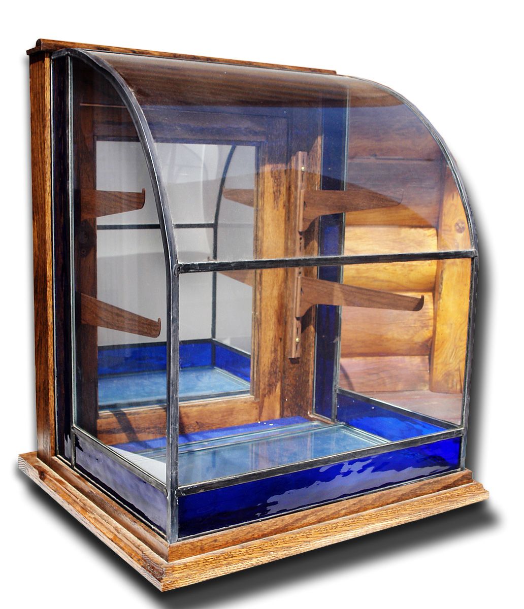 Curved glass table top showcase with 2 glass shelves