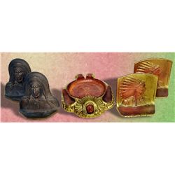 3 items: Vintage Indian motif bookends and pipe holder
