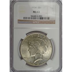1934 PEACE DOLLAR NGC MS63 WHITE