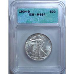 1934-D WALKING LIBERTY HALF DOLLAR ICG MS-64