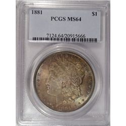 1881 MORGAN DOLLAR PCGS MS64, AMAZING COLOR!