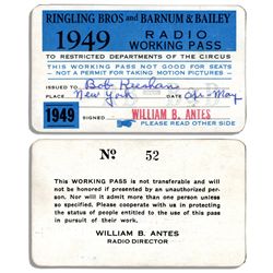 Bob Keeshan's 1949 Radio Working Pass -- So He Can Work at the Ringling Bros. and Barnum & Bailey Ci