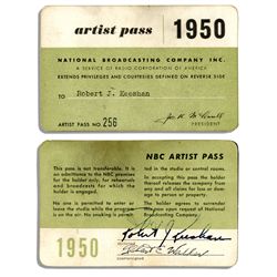 Signed 1950 NBC Artist Pass for Robert Keeshan -- From His Days on ''Howdy Doody''