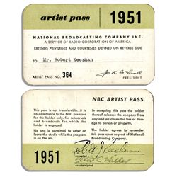 Bob Keeshan Signed 1951 NBC Artist Pass -- From His Days on ''Howdy Doody''
