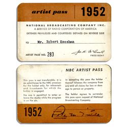 Robert Keeshan 1952 NBC Artist Pass -- From His Last Year as Clarabell The Clown on ''Howdy Doody'',