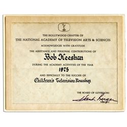 Emmy Certificate Awarded to Bob Keeshan in 1975