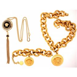 BRACELET:  [1] Gold plated Versace link chain bracelet with 1 Medusa charm; adjustable 7 s to 9 s NE
