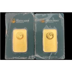 BULLION: Two (2) Perth Mint Australia fine gold bars; 1 ounce each; 9999 AU, Serial numbers 078238 &