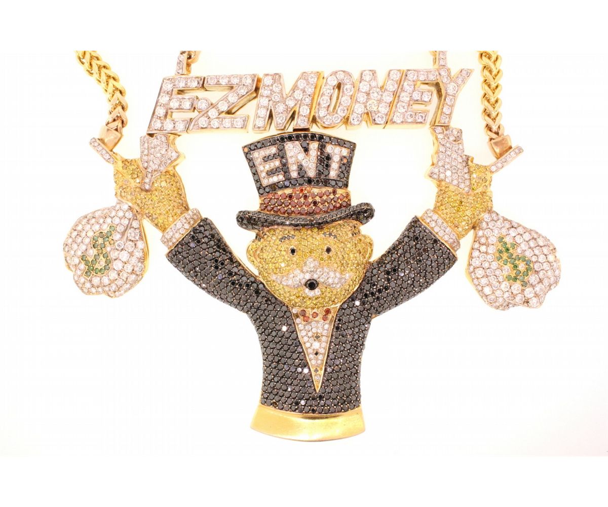 NECKLACE Men's 14ky "EZ Money Ent" banker with money bags motif pave treated black, yellow, orange
