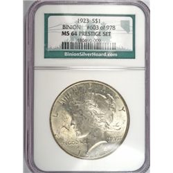 1923 PEACE SILVER DOLLAR, "BINION"  NGC MS-64