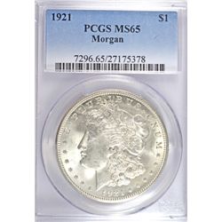 1921 MORGAN SILVER DOLLAR, PCGS MS-65  GEM WHITE