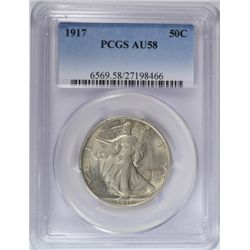 1917 WALKING LIBERTY HALF DOLLAR PCGS AU58 NICE