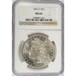 1892-O MORGAN DOLLAR NGC MS64 BLAST WHITE