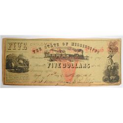1862 $5 STATE OF MISSISSIPPI NOTE