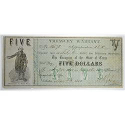 1862 $5 TREASURY WARRANT TEXAS NOTE