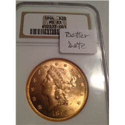 1894 $20 GOLD LIBERTY NGC MS-63 BETTER DATE