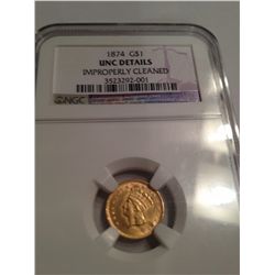 1874 $1 GOLD PRINCESS NGC BU DETAILS