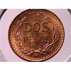 1945 Gold Mexican Two Pesos BU