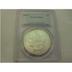 1889-S PCGS MS-63 MORGAN SILVER DOLLAR.