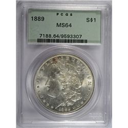 1889 MORGAN SILVER DOLLAR, PCGS MS-64  GREEN LABEL