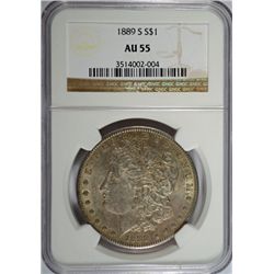 1889-S MORGAN SILVER DOLLAR, NGC AU-55