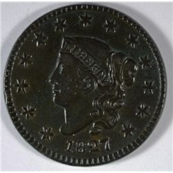 1827 LARGE CENT, AU-58 GLOSSY BROWN SURFACES, NICE!!