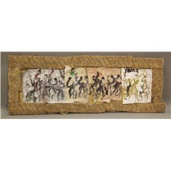 Purvis Young, Dancing scene, oil on wallpaper and board with carpet frame. [< 5 (lbs), 15 (in), 38 (
