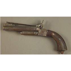 19th Century Double Barrel Pin fire pistol with bayonette.  Two hidden triggers fold out when the ba