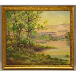 Cora A. Hawes, "Lake Scene" 1940.  Oil painting. [5 (lbs), 29 (in), 33.5 (in)]