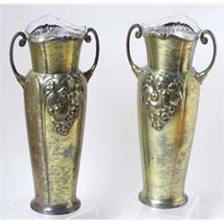 A PAIR OF EARLY 20TH CENTURY ONCE SILVER PLATED BRASS TWO HANDLED  TAPERING FLOWER VASES: embosse...