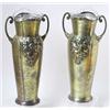 Image 1 : A PAIR OF EARLY 20TH CENTURY ONCE SILVER PLATED BRASS TWO HANDLED  TAPERING FLOWER VASES: embosse...
