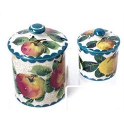 TWO WEMYSS COVERED PRESERVE POTS: the one decorated apples, 5" high,  the smaller peaches, 2.75"...