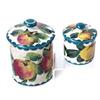 Image 1 : TWO WEMYSS COVERED PRESERVE POTS: the one decorated apples, 5" high,  the smaller peaches, 2.75"...