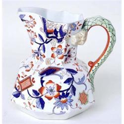A KEELING & CO SNAKE HANDLED IRONSTONE JUG: octagonal, in the manner  of Masons Ironstone, 7" hig...