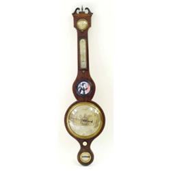 A 19TH CENTURY MAHOGANY AND STRING INLAID BANJO BAROMETER: by A  Maspoli, Hull, the case with scr...