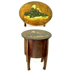 AN EDWARDIAN CIRCULAR SEWING BOX: the rising top inlaid a figure of a  lady and enclosing a flora...