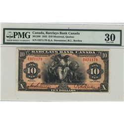 Barclays Bank of Canada 1935 $10 CH-30-12-06. #E071179 PMG VF30.Catalogue Value:  800
