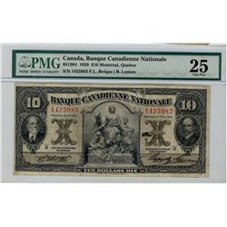 Banque Canadienne Nationale 1929 $10 #1425983 CH-85-12-04, PMG VF25.Catalogue Value:  265