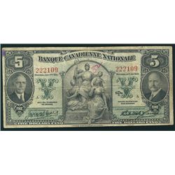 Banque Canadienne Nationale 1935 $5 #222109 CH-85-14-02.  Minor ink writing.  VG/F.Catalogue Value: 